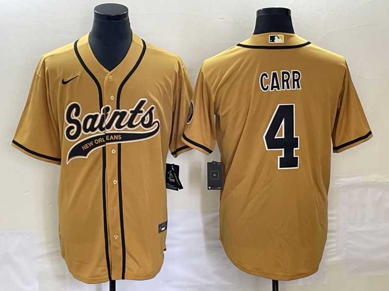 Mens New Orleans Saints #4 Derek Carr Gold With Patch Cool Base Stitched Baseball Jersey->new orleans saints->NFL Jersey
